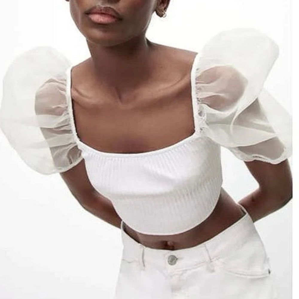 Zara White Puff Sleeve Cropped Blouse